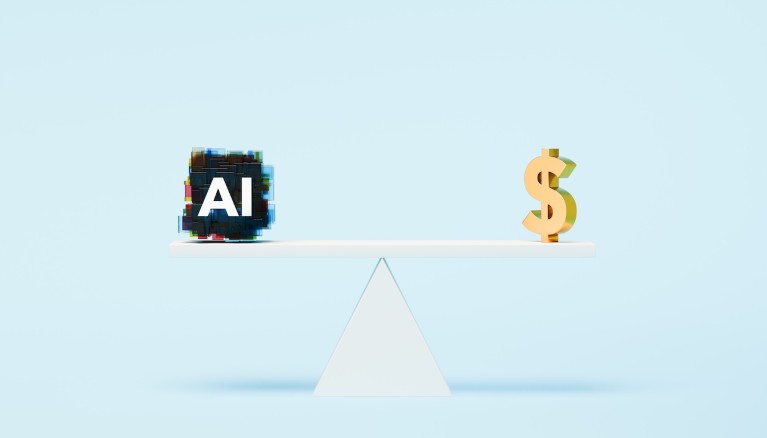A 3D render showing a beam resting on a fulcrum, with AI symbol on the left side and a dollar symbol on the right side, in perfect balance.