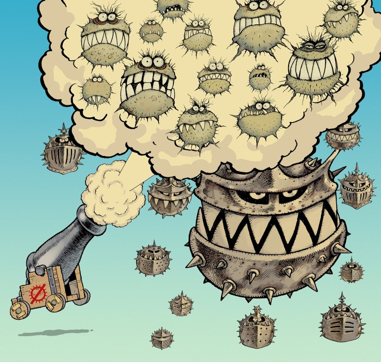 A cartoonish illustration of a cannon firing at spherical gremlins with sharp teeth, some of them have armour on.