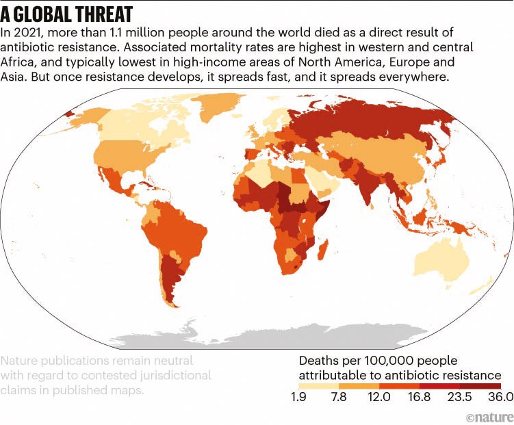 A world map infographic plotting people around the world who died as a direct result of antibiotic resistance.