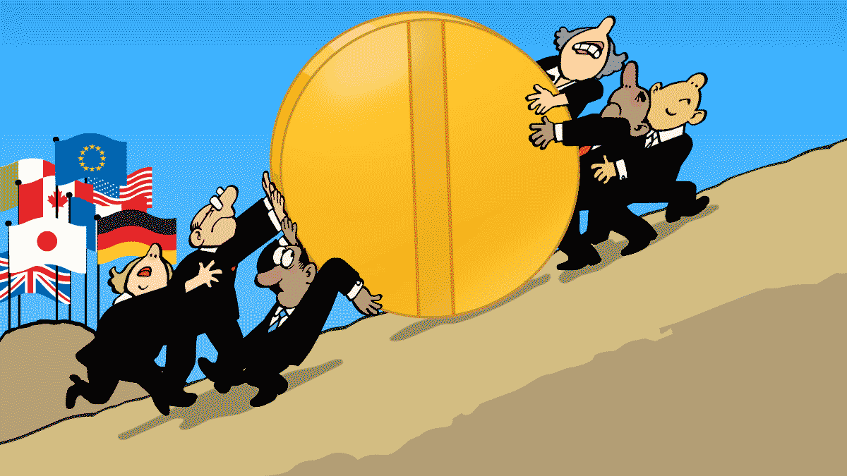 A group of people in suits struggle to roll an oversized golden pill up a steep slope. Behind them are the flags of Canada, France, Germany, Italy, Japan, the United Kingdom, the United States and the European Union.