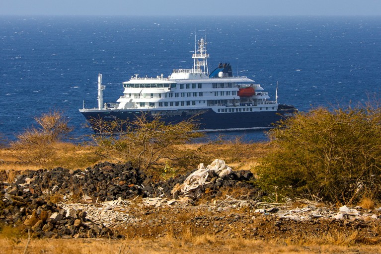 Dutch cruise ship MV Hondius is anchored off the coast of the city of Praia on the island of Santiago, Cape Verde inn the foreground.
