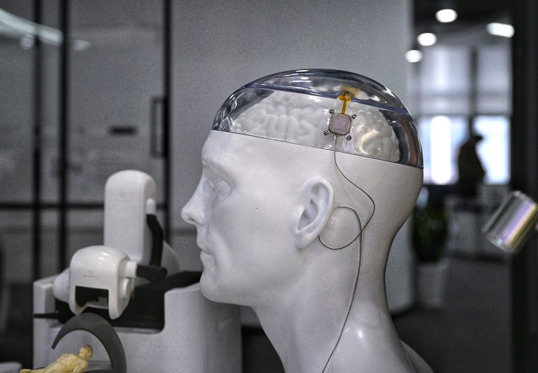 A male mannequin head, with a transparent section revealing the brain inside and a wired sensor attached.