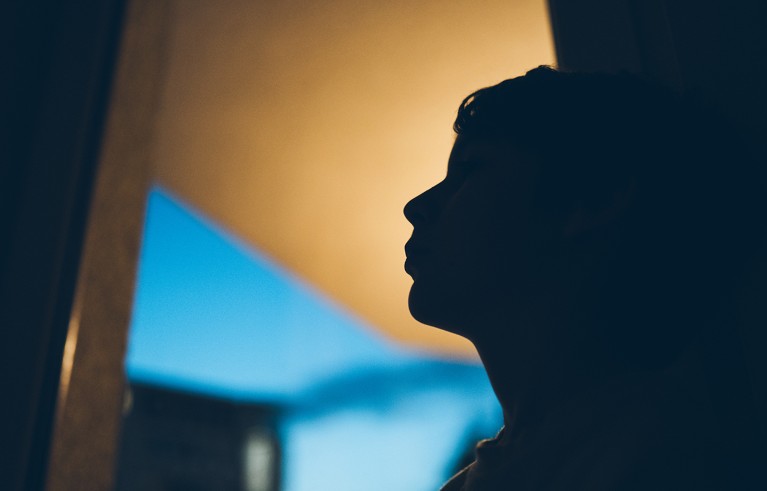 A person in silhouette looking out of a window during twilight. The background shows a gradient sky transitioning from blue to warm orange.