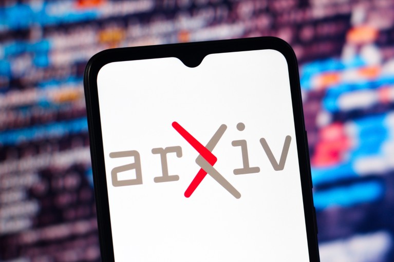 A close-up of a smartphone displaying the arXiv logo against a blurred background