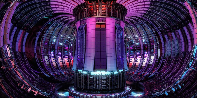 Photo realistic illustration of a Tokamak nuclear fusion reactor chamber.