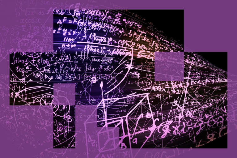 3D rendering of abstract hand-written mathematical formulas and drawings (purple and pink on black background) located in the virtual space.