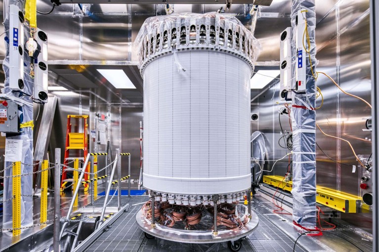 The LZ central detector in the clean room at Sanford Underground Research Facility after assembly.