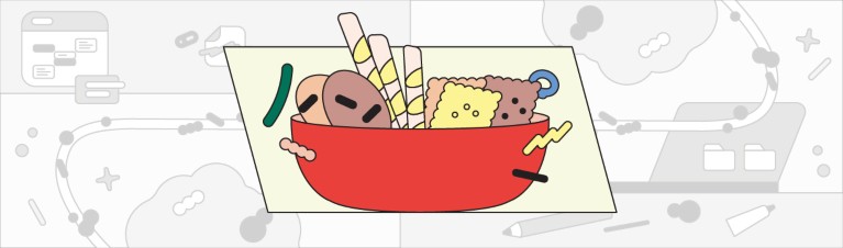 Illustration of a bowl filled with biscuits and cookies for a laboratory meeting.