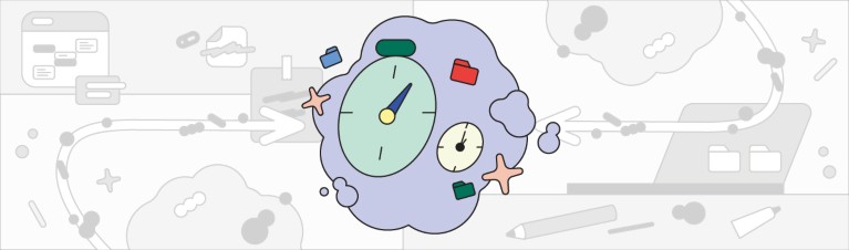 Illustration of a timer and digital folders representing a short teaching session.