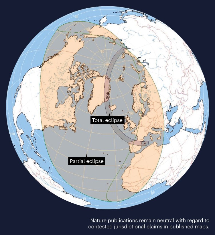 Map showing the path of totality for the 12 August 2026 solar eclipse across Spain and Iceland, with a partial eclipse visible across western Europe, northwestern Africa and Canada.