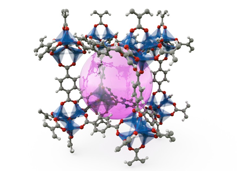 A computer rendered illustration of the metal organic framework MOF-5 in a 1x1x1 arrangement.