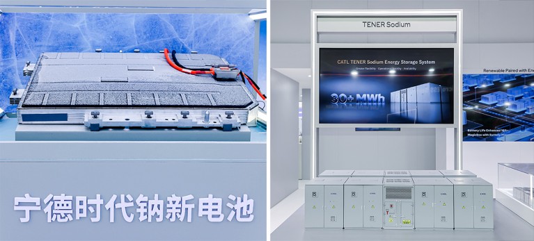 Side by side photographs of a CATL Sodium EV battery and a trade-show stand displaying the CATL TENER sodium energy storage system.