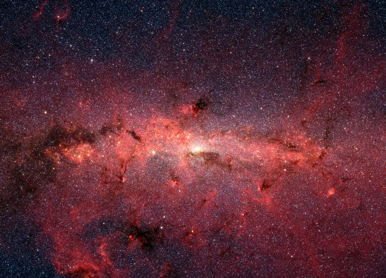 Clouds of dust and gas visible in the centre of the Milky Way as imaged by NASA's Webb telescope.
