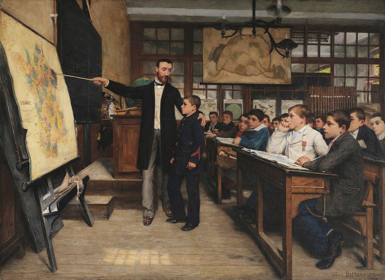 A 1887 painting titled The Black Stain painted by Albert Bettannier, depicting a classroom scene in post-Franco-Prussian War France where a teacher directs a room full of students to look at a map.