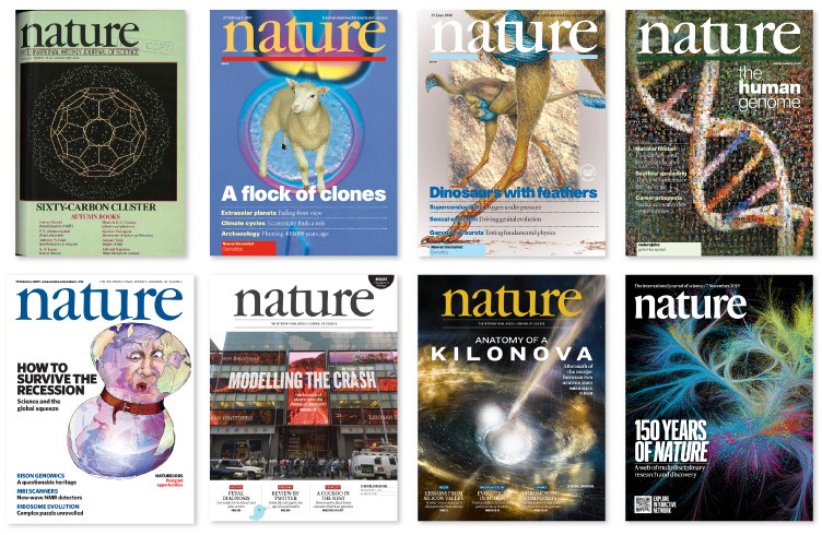 Eight covers of Nature, featuring: a diagram of Buckminsterfullerene; Dolly the sheep; two feathered dinosaurs; a DNA helix constructed from hundreds of photographs of people; an illustration of the world with a human face in pain; a branch of the Lehman Brothers bank with a long queue outside; two neutron stars merging in space; and a colourful 3D network diagram.