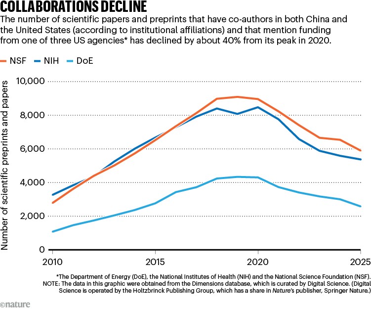 COLLABORATIONS DECLINE. Line graph shows a 40% reduction in the number of scientific papers co-authored by US and Chinese researchers that mention funding from three US agencies (NSF, NIH or DoE).