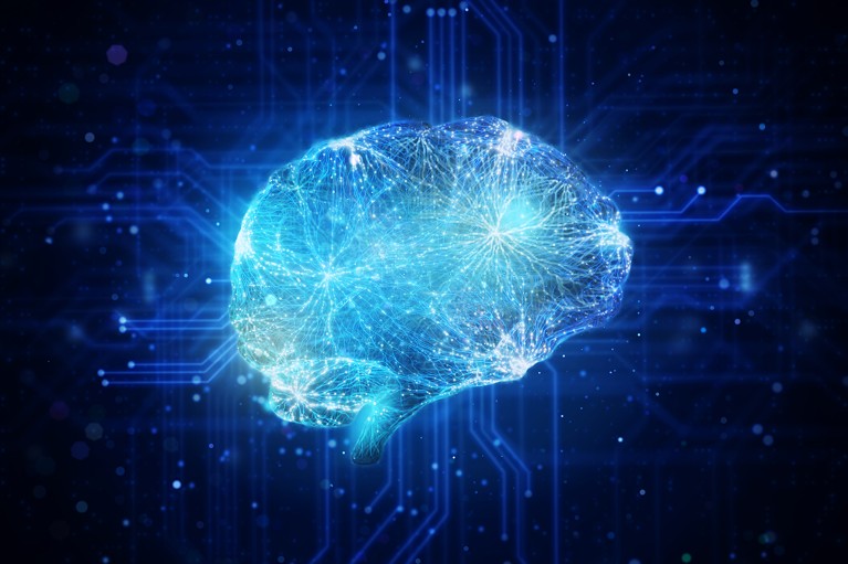 Abstract depiction of illuminated brain synapses over a digital circuit board.