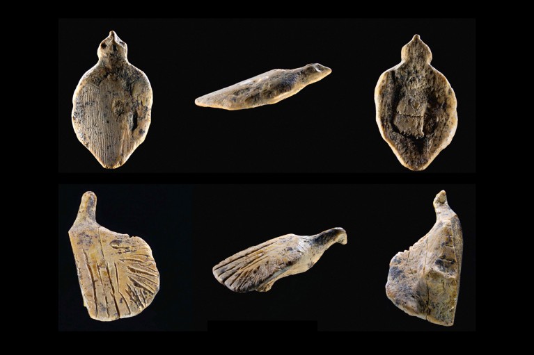 Composite image showing multiple views of two bird-shaped figurines from the front, back and side, against a black background.