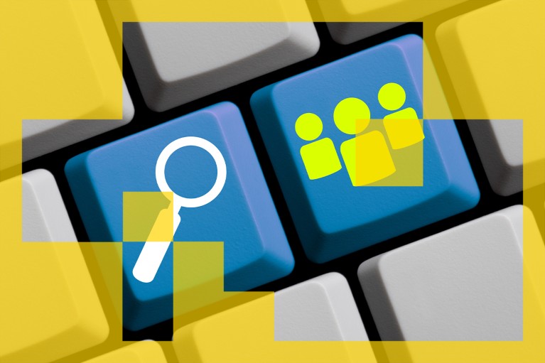 A rendered illustration of a computer keyboard with two keys labelled with symbols of a magnifying glass and three figures indicating a group of people.