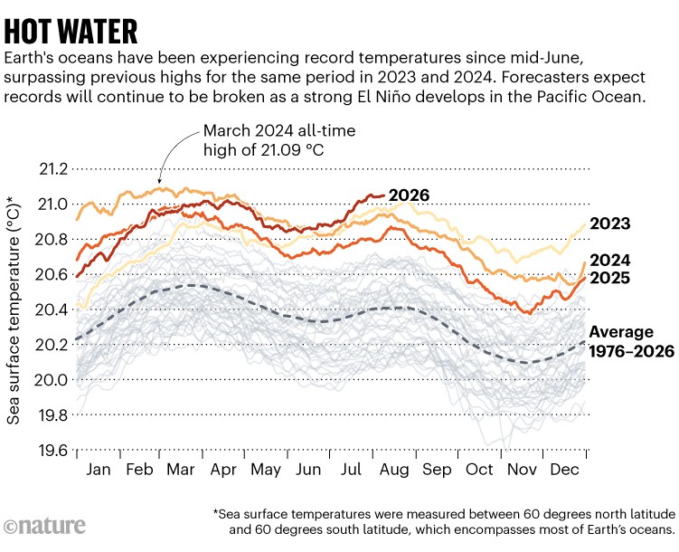 Hot water: A line chart shows global sea surface temperatures from 1976 to 2026. Ocean temperatures have remained at record levels since mid-June, exceeding the highest readings recorded during the same period in 2023 and 2024. Temperatures are expected to continue setting records as a strong El Niño develops in the Pacific Ocean.