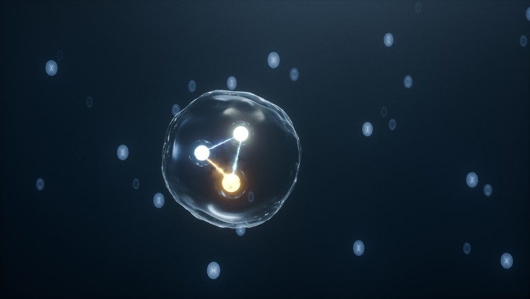 3D illustration of a theoretical physics quark and gluon.