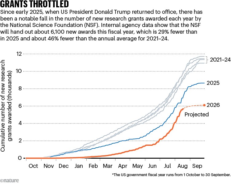 GRANTS THROTTLED. Graphic compares the number of new research grants awarded by the NSF in the years 2021–26. This year the agency will hand out approximately 46% fewer grants than the annual average for 2021–24.