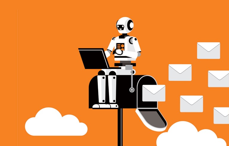 An illustration of a cheerful looking humanoid robot sat with a laptop computer on top of a mailbox from which a stream of envelopes are flying into the air.