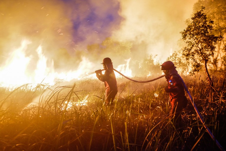 Two firefighters with a hose attempt to extinguish a wildfire in Sumatra in 2026.