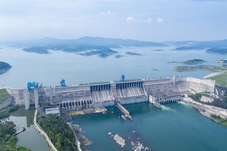 Aerial view of the Danjiangkou Reservoir, a large hydroelectric dam supplying water to Beijing and northern regions of China.