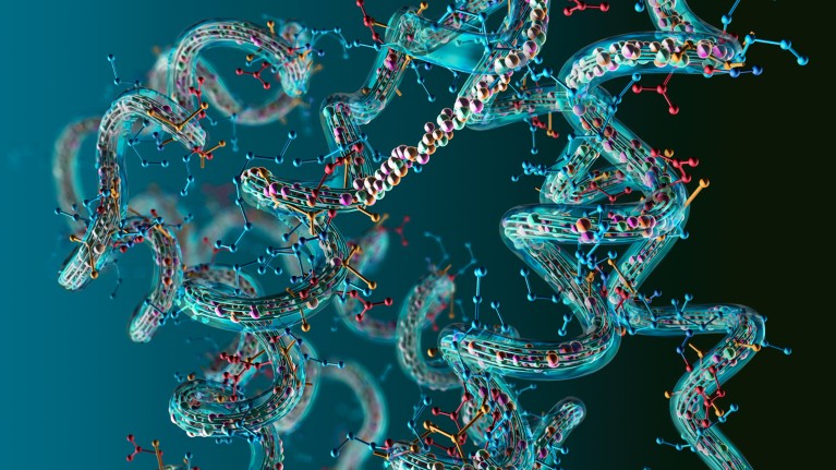 An illustration of complex protein structures shown as transparent, ribbon-like coils and folds intertwined with colourful molecular components on a gradient blue background