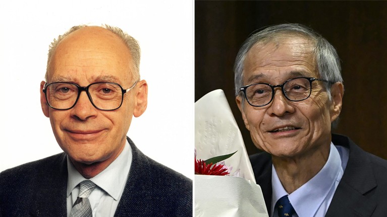 Diptych with portraits of the joint winners of the 2026 Noble prize in Chemistry Henri Kagan and Kenso Soai.