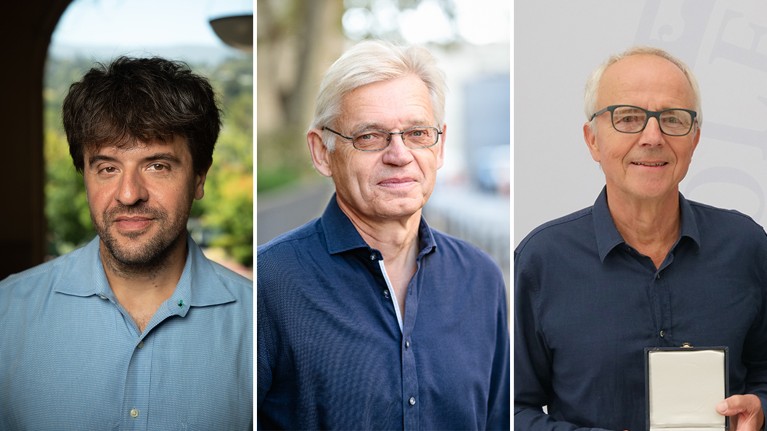 Triptych featuring the 2026 Nobel prize winners in medicine from left to right Karl Deisseroth, Peter Hegemann and Georg Nagel.