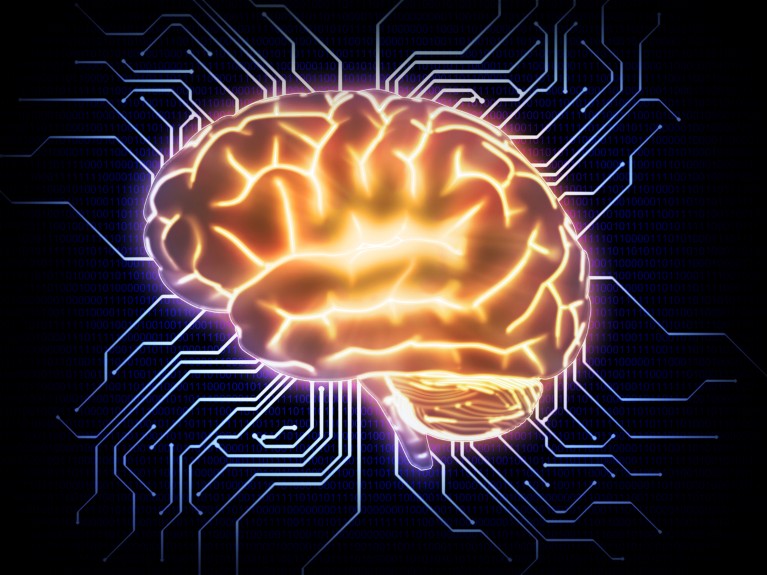 Illustration of a glowing human brain in shades of orange and gold, surrounded by circuit-like connections radiating outward on a dark background