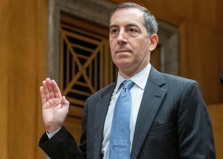 Gregory Koblentz is sworn-in during a hearing for the United States Senate Committee on Homeland Security and Governmental Affairs.