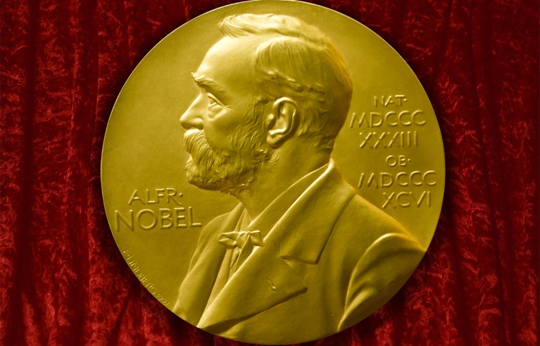 A gold Nobel Prize medal featuring Alfred Nobel’s left-facing portrait against a red velvet background. Engraved text reads “ALFR. NOBEL” alongside Roman numerals and medal inscriptions, identifying its prestigious award purpose.