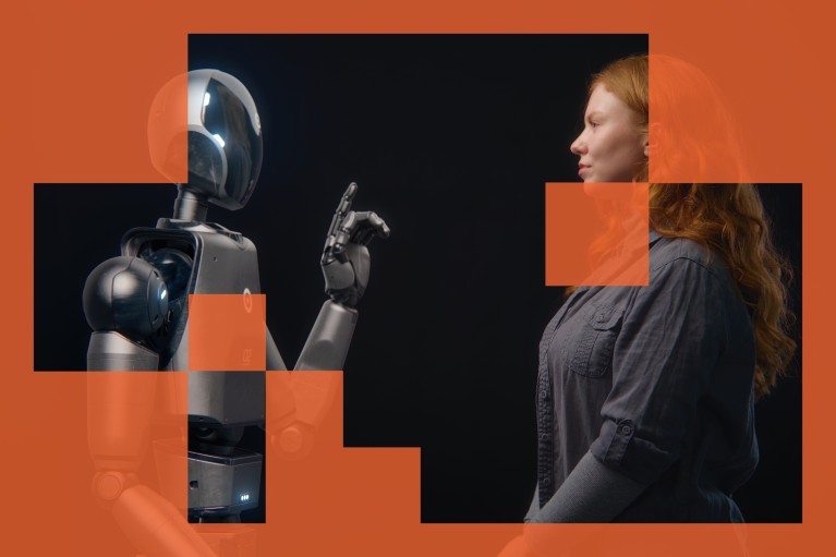 A ginger haired woman talking to a humanoid robot.