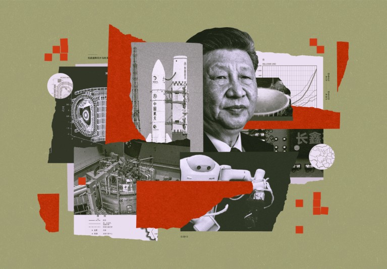 Collage illustration with various visual themes related to Chinese science.