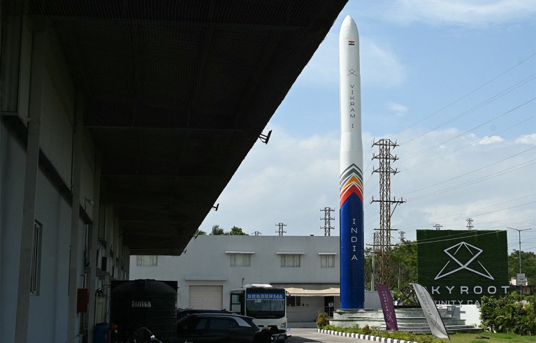 A model rocket on Skyroot Aerospace’s Infinity Campus.