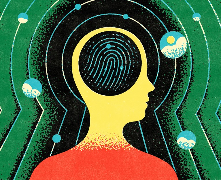 Illustration showing a silhouette of a person surrounded by concentric keyhole shapes. A fingerprint sits in the centre of the head.