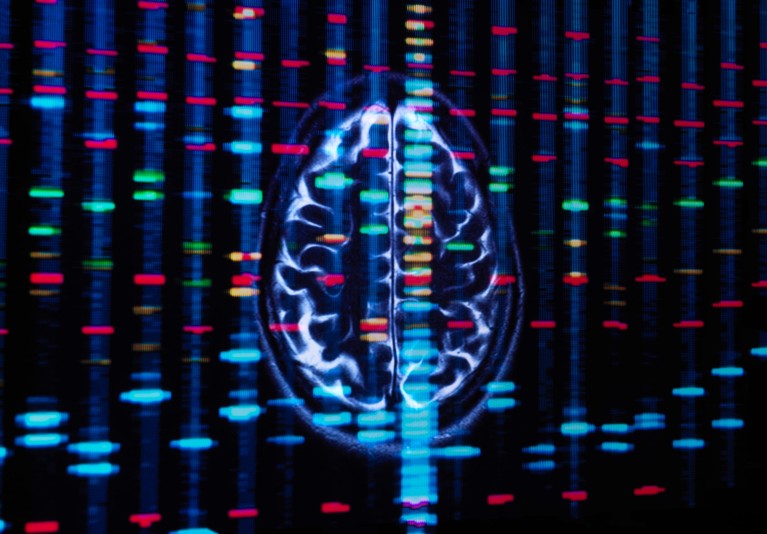 MRI brain scan shown against a backdrop of vertical lines of genetic information, shown as green, blue, red and yellow lines.