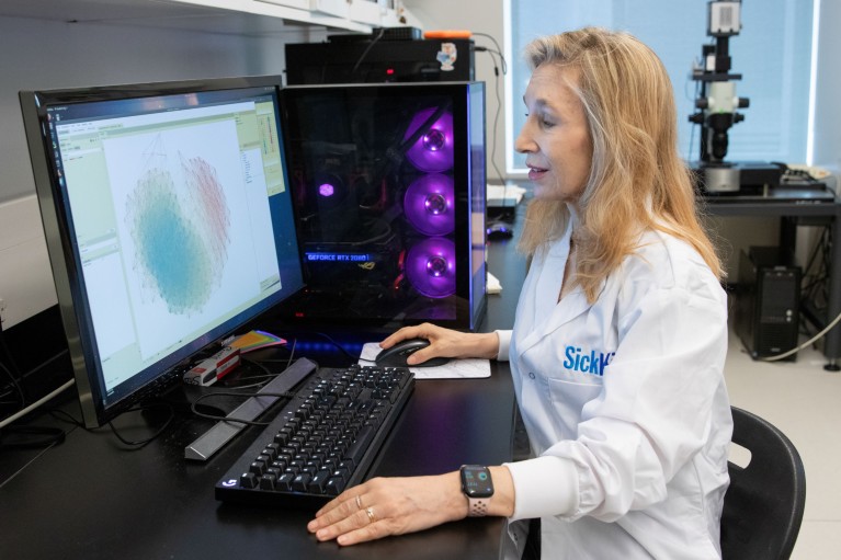 Sheena Josselyn in her lab facing a computer screen showing neural networks.