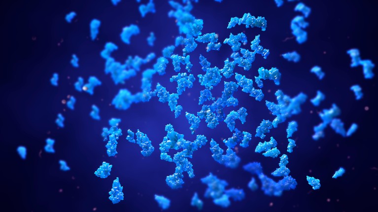 Small, light blue, crystallised particles floating against a dark blue background