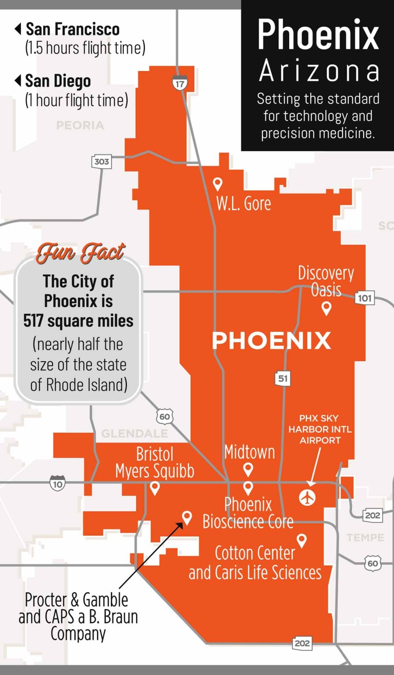 Map of Phoenix, showing the locations of biotech and healthcare companies