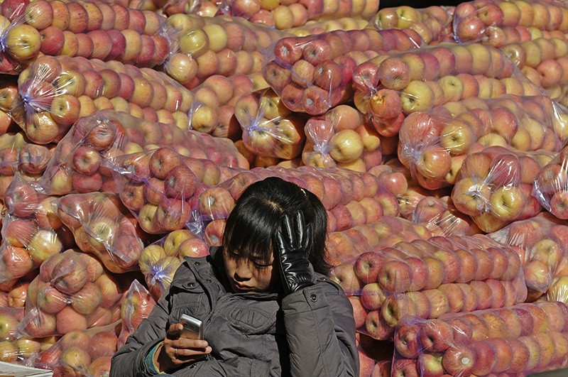 A girl selling apples looking at a smartphone