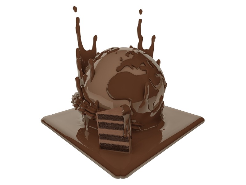 Artistic illustration of a chocolate globe and a slice of cake