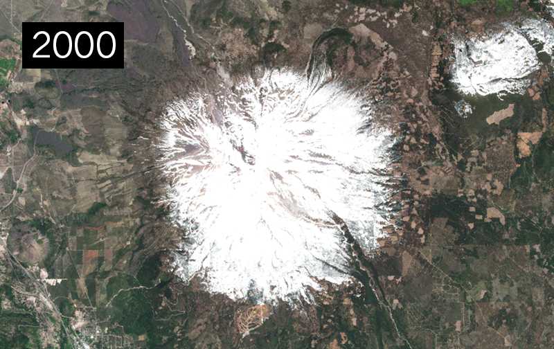 Gif showing Landsat images of California’s Mount Shasta on 2001, 2001, 2013 and 2014.