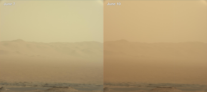 These two pictures show the increasingly severe dust storm at Gale Crater on Mars.