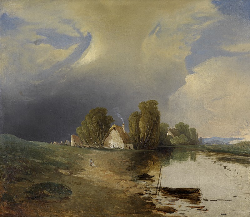 Painting showing figures sitting on the Dona-auen riverbank in front of a small cottage. Large clouds gather in the sky behind.