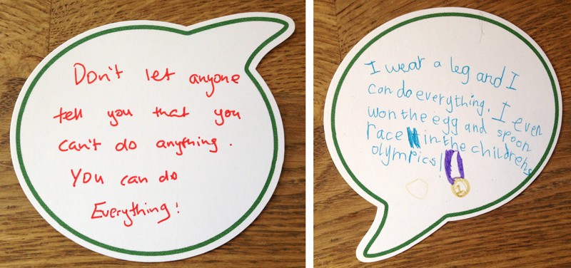 Advice from children who use prosthetics written on cards