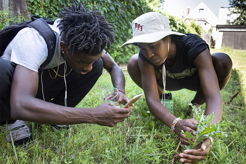 Two youth programme participants take a photo of a plant with a smartphone to upload to iNaturalist
